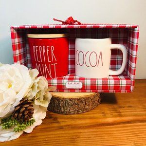 Rae Dunn Christmas Red Peppermint Cellar and Cocoa Mug Set